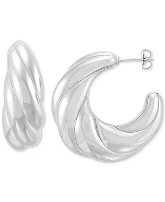 Polished Shrimp Style Medium Hoop Earrings in Sterling Silver, 1.3"