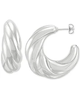 Polished Shrimp Style Medium Hoop Earrings in Sterling Silver, 1.3"