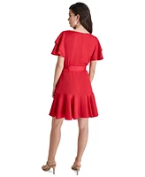 Dkny Petite Satin Flutter-Sleeve Tiered Dress