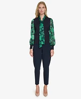 Tommy Hilfiger Women's Mixed-Media Tie-Neck Top