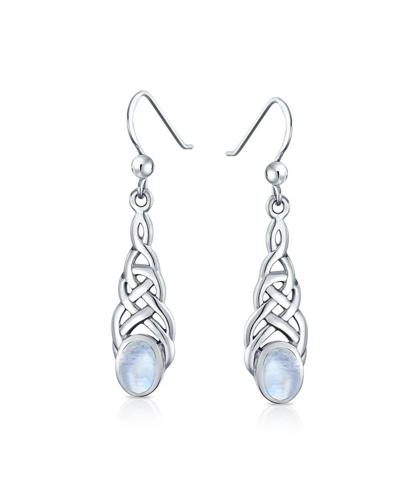 Bling Jewelry Natural Moonstone Oval Irish Love Celtic Knot Dangle Earrings For Women .925 Sterling Silver Fish Wire Hook