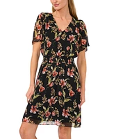 Women's Floral V-Neck Short Flutter-Sleeve Dress