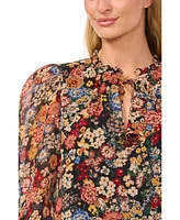 CeCe Women's Floral Long-Sleeve Smocked Cuff Tie-Neck Top