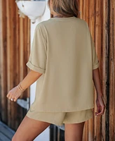 Cupshe Women's Khaki Short Sleeve Top & Straight Leg Shorts Set