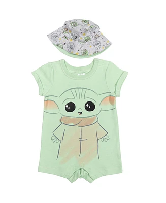 Starwars Baby Boys Star Wars The Mandalorian Grogu Yoda R2-D2 Chewbacca C-3PO Romper and Bucket Sun Hat Newborn to