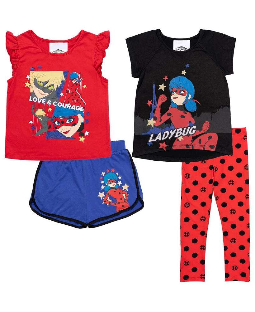 Miraculous Girls Cat Noir Ladybug Dolphin Active Shorts Leggings Tank Top and T-Shirt 4 Piece Outfit Set to