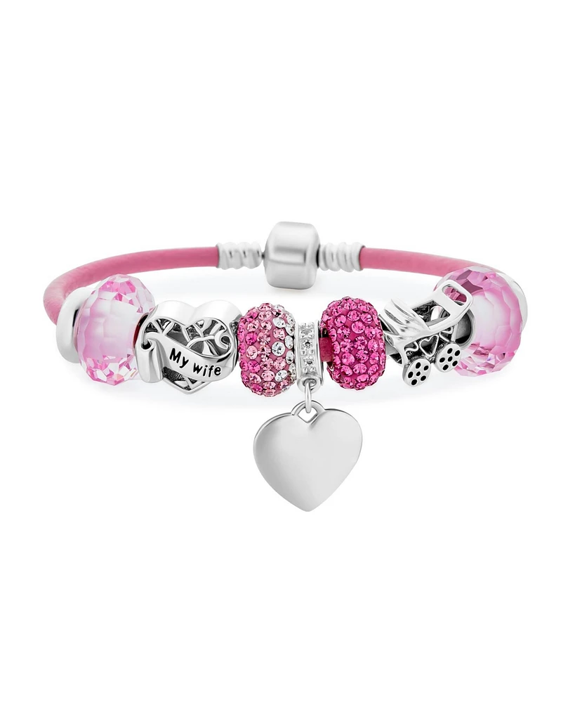 Bling Jewelry My Wife Heart Charm Bracelet Pink Leather Sterling Silver Beads 6.5-8.5 Inch