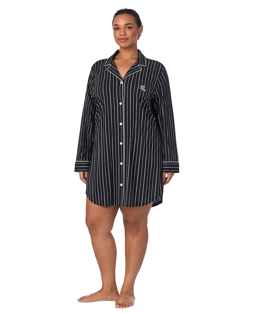 Lauren Ralph Plus Notched-Collar Striped Sleepshirt