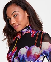 I.n.c. International Concepts Women's Floral Mesh Turtleneck Top, Created for Macy's