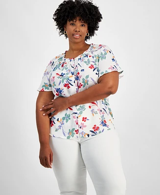 Style & Co Plus Printed Round-Neck Flutter-Sleeve Top