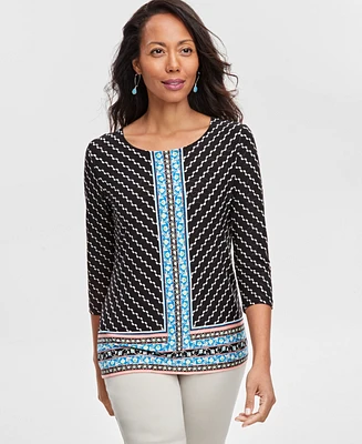 Jm Collection Petite Border-Print 3/4-Sleeve Top, Created for Macy's