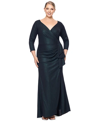 Xscape Plus Metallic-Threaded Gathered-Waist Dress