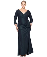 Xscape Plus Metallic-Threaded Gathered-Waist Dress