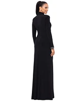 Betsy & Adam Women's Embellished Long-Sleeve Ruched Velvet Gown