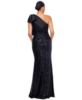 Betsy & Adam Women's Asymmetric Sequin Bow Sleeveless Gown