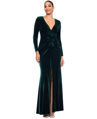 Betsy & Adam Women's Velvet Rosette Long-Sleeve Gown