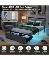 Gymax Full Size Bed Frame w/ 2 Storage Drawers Led Lights Slats Support Modern