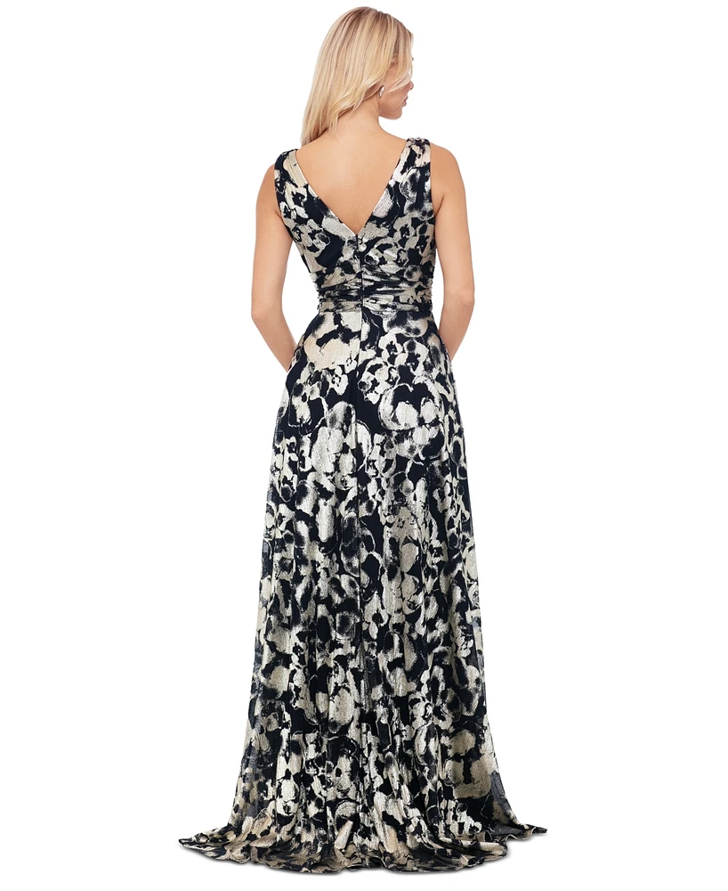 Betsy & Adam Petite Metallic Floral-Print Evening Gown