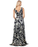 Betsy & Adam Petite Metallic Floral-Print Evening Gown