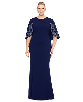 Betsy & Adam Plus Embellished Cape-Sleeve Gown