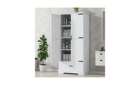 Slickblue Tall White Bathroom Storage Cabinet – Mdf with Two Doors, One Drawer, and Adjustable Shelf