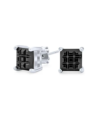 Bling Jewelry Black Invisible Cut Square Princess Cz Checkboard Cubic Zirconia Prong Basket Set Stud Earrings Sterling Silver