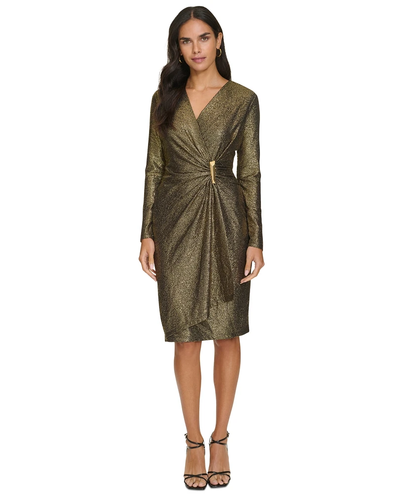 Calvin Klein Petite Metallic Faux-Wrap Sheath Dress