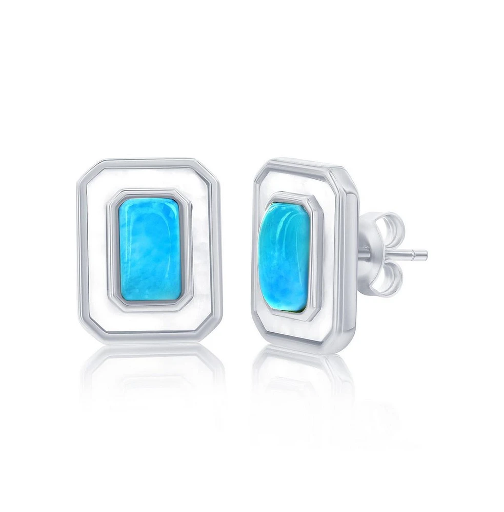 Caribbean Treasures Sterling Silver Larimar & Mop Rectangle Stud Earrings