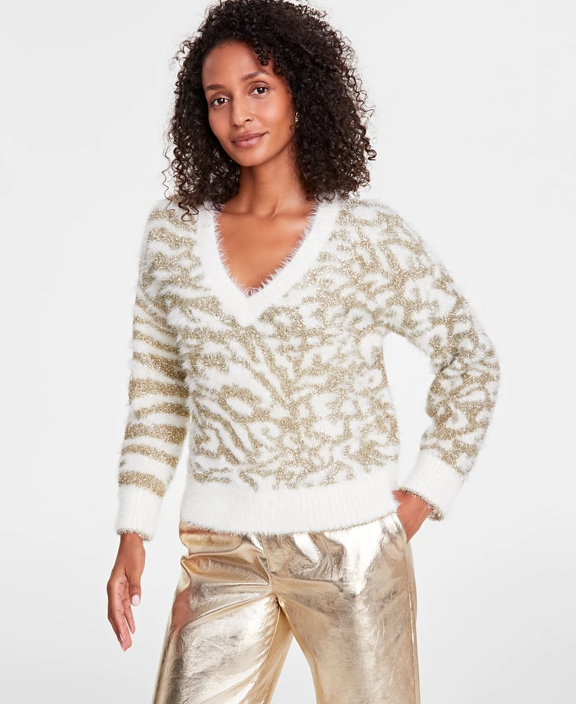 I.n.c International Concepts Women's Metallic Print Sweater, Created for Macy's