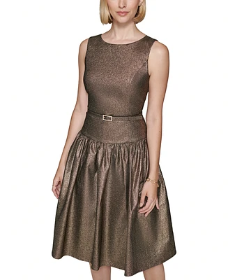 Karl Lagerfeld Paris Women's Metallic Drop-Waist Belted Dress