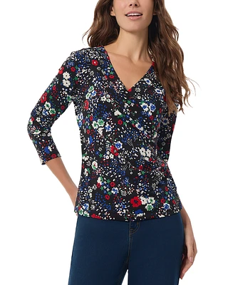 Jones New York Petite Printed 3/4-Sleeve Faux-Wrap Top