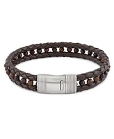 Rhona Sutton Brown Leather with Tigers Eye Beads Stainless Steel Bracelet