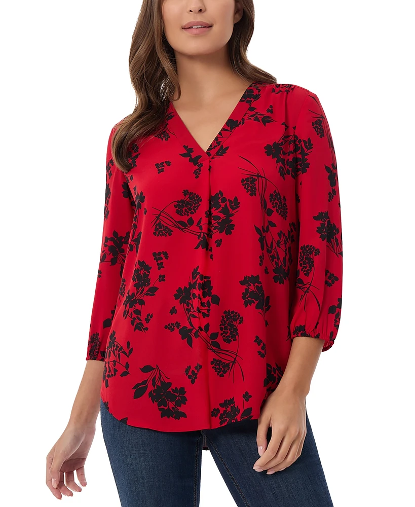 Jones New York Women's Floral V-Neck 3/4-Sleeve Top