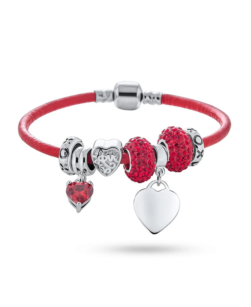 Bling Jewelry Initial Heart Lover Couples Valentine Bff Starter Beads Multi Charm Bracelet Red Leather For Women .925 Sterling Silver European Barrel