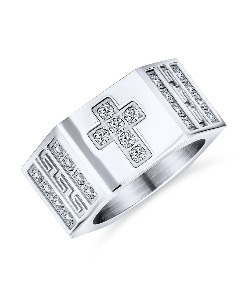 Bling Jewelry Religious Wide 6 Side Mens Christian Greek Key Cubic Zirconia Cz Accent Cross Statement Ring Band For Men Stainless Steel