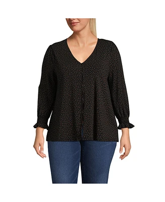 Lands' End Women's Plus 3/4 Sleeve Lightweight Jersey Button Front Top