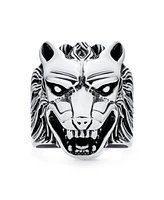 Bling Jewelry Hunter Animal Norse Viking Warrior Signet Fierce Roaring Wolf Head Ring Oxidized .925 Sterling Silver