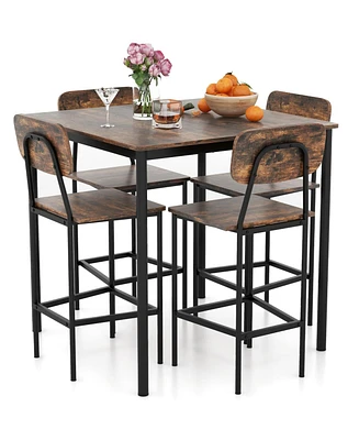 Sugift 5 Pieces Industrial Dining Table Set with Counter Height and 4 Bar Stools-Dark Brown