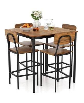 Sugift 5 Pieces Industrial Dining Table Set with Counter Height and 4 Bar Stools-Dark Brown