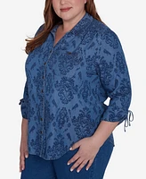 Alfred Dunner Plus Size Harvest Moon Soft Button Front Drawstring Sleeve Top