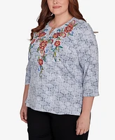 Alfred Dunner Plus Harvest Moon Textured Floral Embroidered Split Neck Top