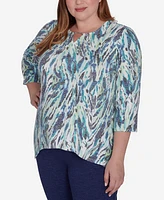 Alfred Dunner Plus French Quarter Teal Animal Print Split Neck Top