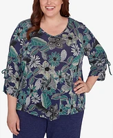 Alfred Dunner Plus French Quarter Floral Puff Print Drawstring Top