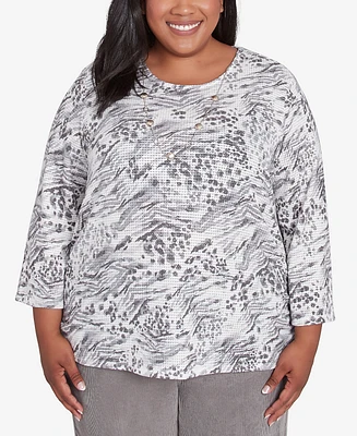 Alfred Dunner Plus Copenhagen Monotone Gray Animal Print Top