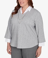 Alfred Dunner Plus Copenhagen Soft Collared Two One Top with Necklace