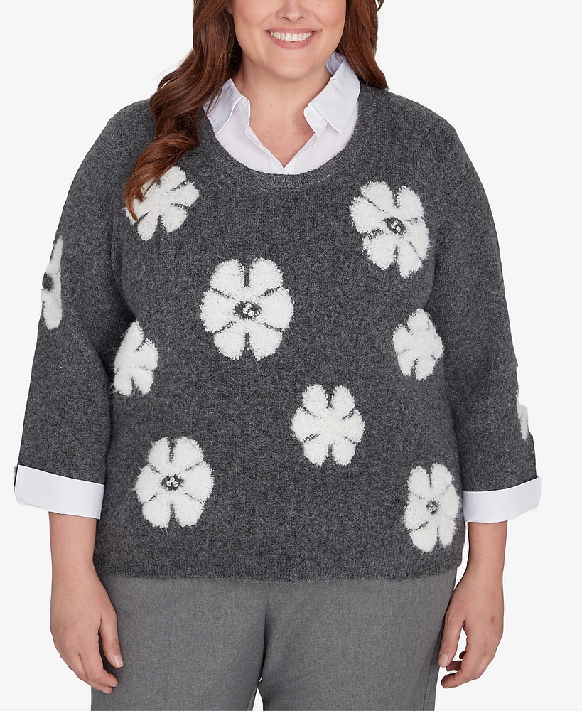 Alfred Dunner Plus Copenhagen Floral Collared Two One Sweater