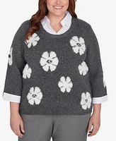 Alfred Dunner Plus Size Copenhagen Floral Collared Two in One Sweater