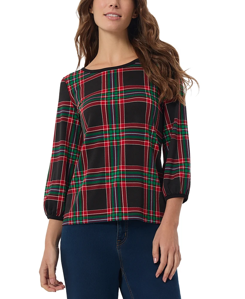 Jones New York Women's Plaid-Print Puff-Sleeve Top