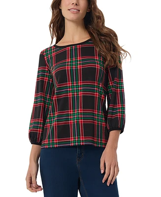 Jones New York Women's Plaid-Print Puff-Sleeve Top