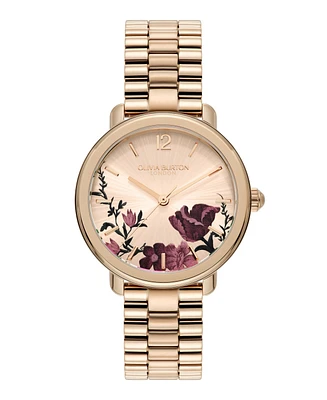 Olivia Burton Women's Vintage Floral Rose Gold-Tone Stainless Steel Bracelet Watch 36mm